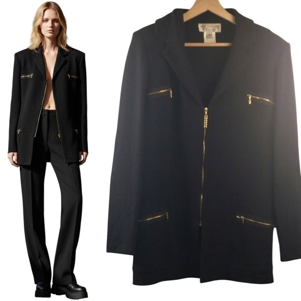 St John Wool Knit Blazer Jacket with Gold Accents Zipper Xl
